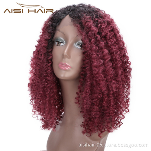 Aisi Hair Medium Long Ombre Red Dark Root Wig Afro Kinky Curly Lace Frontal Wig Synthetic Front Lace Hair Wigs For Black Women